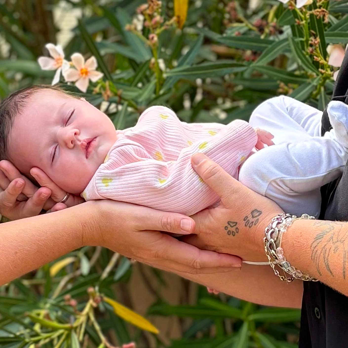 Ilohé a rejoint le concours — aidez-le/la à gagner de superbes lots ! baby, bracelet, closeup, cute, flower, greenery, hands, infant, nature, outdoor, peaceful, person, pink_clothing, portrait, rest, skin, sleeping, tattoo, tenderness, white_pants