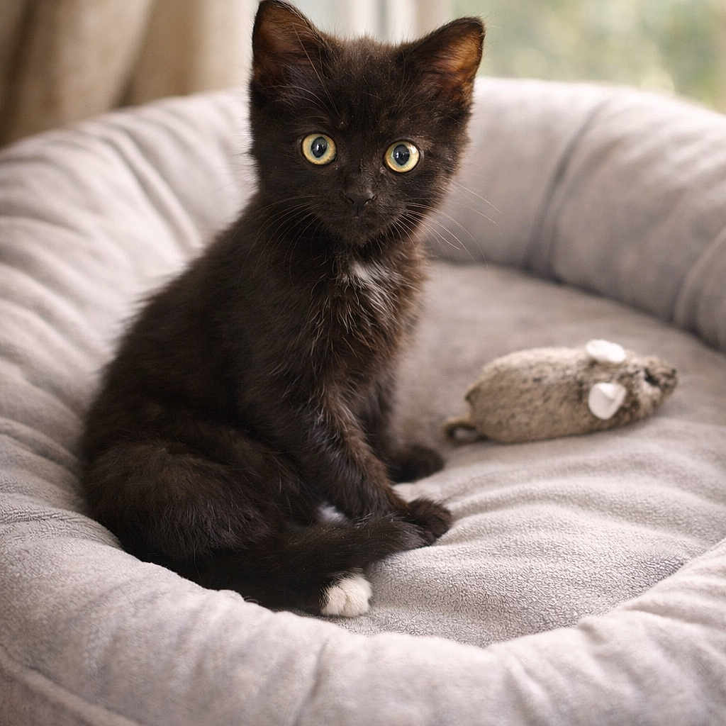 Moka participe au concours pour gagner de l'argent avec cette photo : kitten, black_cat, pet_bed, toy_mouse, indoor, window, curtains, plush, feline, cute, small, fur, whiskers, alert, domestic_animal, animal, soft_light, cozy, sitting, young