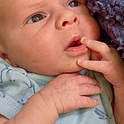 Noah is registered to the contest to win money with this photo: baby, infant, face, hand, curious, blue_clothing, blanket, soft_texture, portrait, skin, newborn, small_fingers, expression, closeup, child, person, cute, indoors, resting, thoughtful