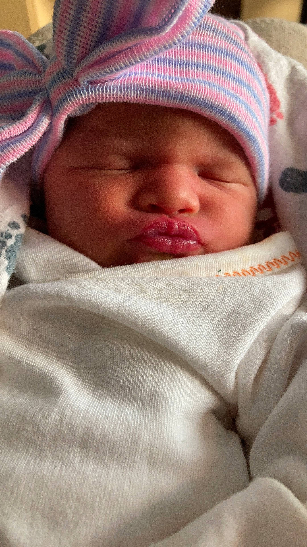 Darlene Marie Barnes is registered to the contest to win money with this photo: baby, baby_sleeping, cap, cheek, child, chin, comfort, eye, eyebrow, face, facial_expression, hat, headwear, linens, lip, mouth, nose, person, pink, skin
