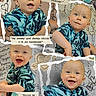 baby, child, boy, collage, scrapbook, blue_shirt, smiling, happy, cute, portrait, torn_paper, handwriting, floral, decorative, face, expression, sitting, indoor, playful, text_overlay