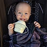 Franklin joined the competition — help win amazing prizes! baby, child, blue_eyes, bottle, blanket, plaid, stroller, smiling, happy, cozy, infant, face, hand, clothing, seat, portrait, cute, wrapped, young, comfort