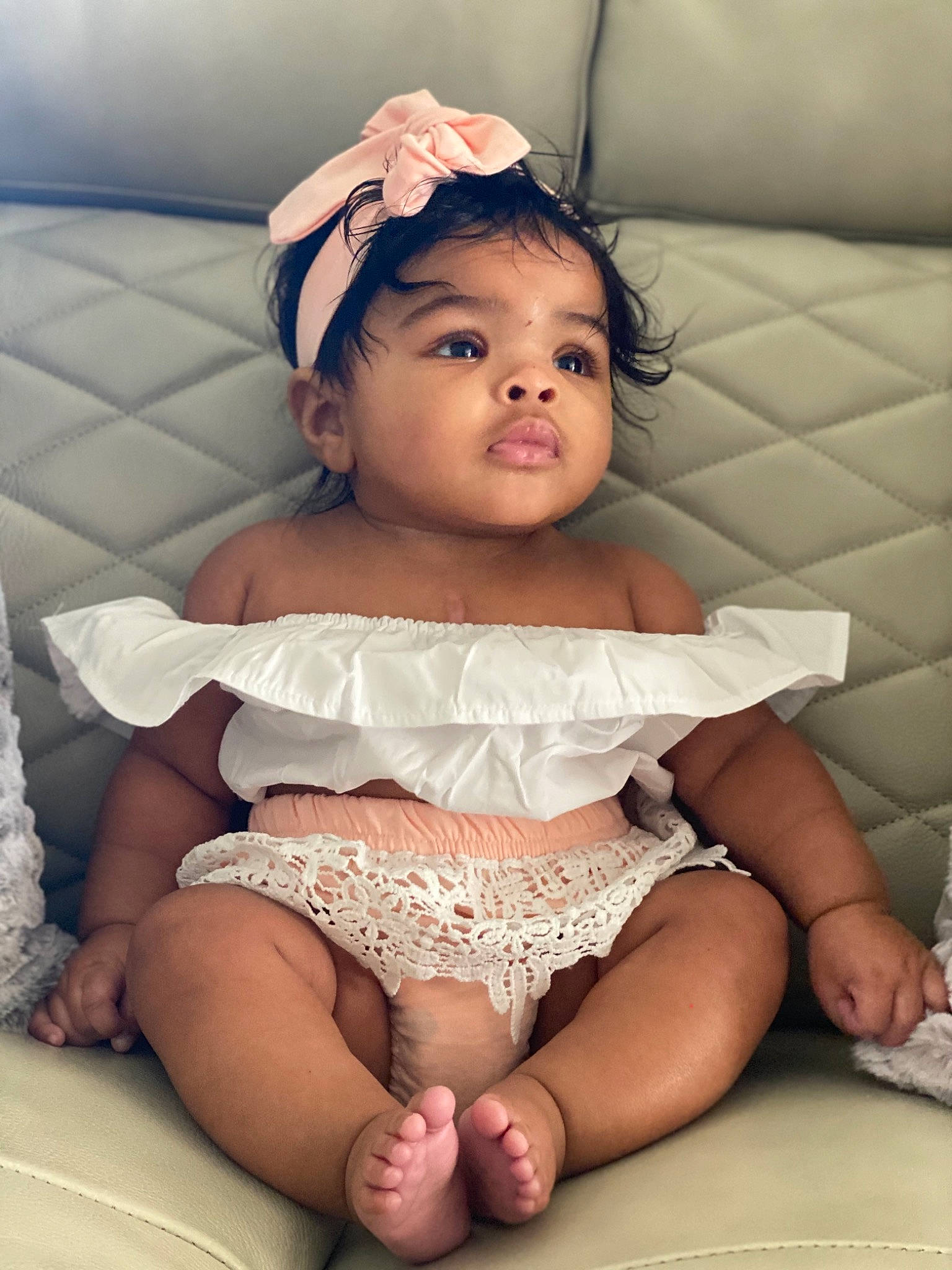 Kenzlie is registered to the contest to win money with this photo: abdomen, arm, baby, cheek, child, hand, leg, person, pink, sitting, skin, smile, stomach, thigh, toddler, trunk