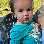 Mia joined the competition — help win amazing prizes! toddler, child, baby, portrait, sitting, outdoor, backyard, patio, chair, bow, hair_accessory, teal_clothing, long_sleeves, person, face, eyes, serious_expression, adult, sunlight, suburban_house