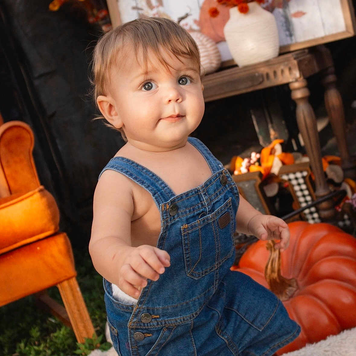 Hunter joined the competition — help win amazing prizes! toddler, child, baby, portrait, standing, smiling, denim_overalls, autumn, pumpkin, fall_decor, orange_leaves, chair, vase, flowers, indoor, cozy, home_decor, white_blanket, blue_eyes, photography