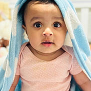 Punardeep Singh joined the competition — help win amazing prizes! baby, child, blanket, blue, pink, onesie, polka_dot, face, eyes, indoor, portrait, cute, soft, infant, clothing, expression, head, skin, person, warm