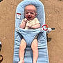 baby, laughing, bouncer, blue, outdoor, sunlight, concrete, grass, toy, happy, infant, clothing, barefoot, seat, child, smile, person, summer, relaxing, babybjorn