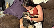 Swiss is registered to the contest to win money with this photo: blanket, cat, couch, cozy, cuddling, girl, indoor, long_tail, necklace, person, pet, pillow, red_top, relaxed, sitting, sleeping, sofa, striped_fur, tabby_cat, tattoo