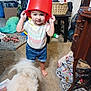 barefoot, basket, blanket, bucket, carpet, child, clothing, dog, floor, furniture, indoor, pet, playful, red_bucket, room, shorts, table, toddler, toy, tshirt