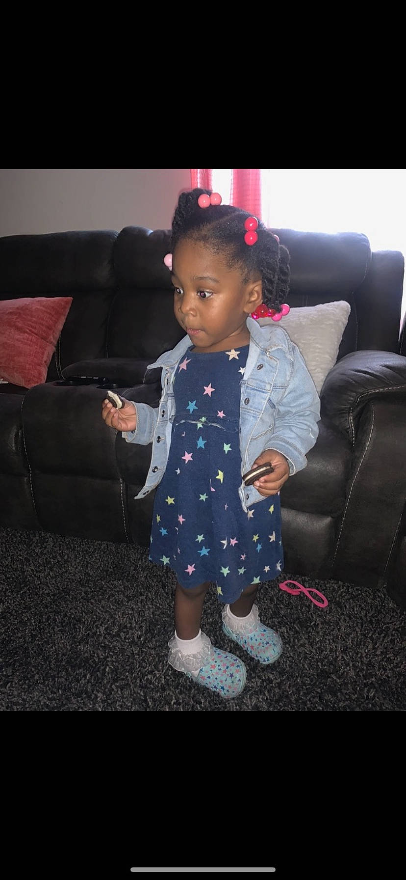 Janilah joined the competition — help win amazing prizes! baby_toddler_clothing, boot, car_seat, child, comfort, couch, dress, event, eye, face, flash_photography, fun, gesture, happy, luxury_vehicle, magenta, pattern, person, sitting, toddler