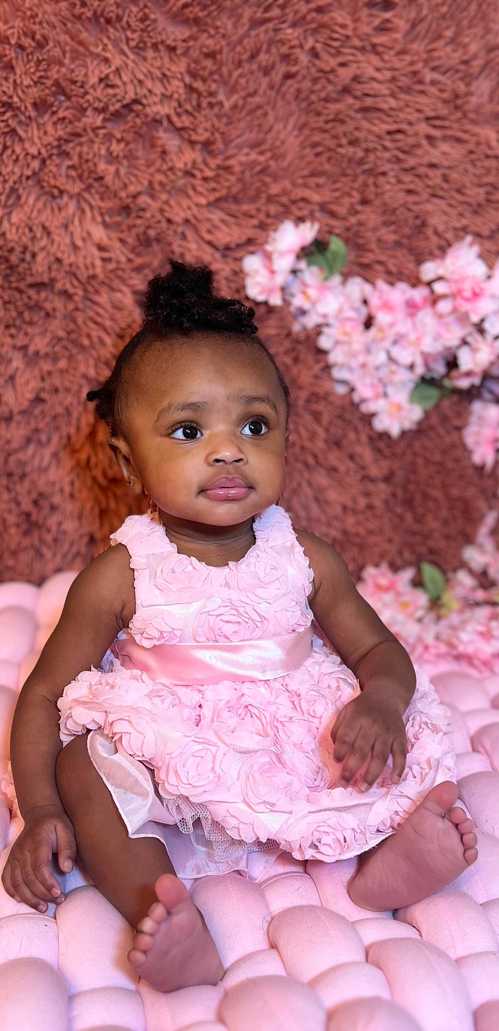 Alora is registered to the contest to win money with this photo: baby, baby_toddler_clothing, cheek, dress, eye, face, flash_photography, flower, hair, happy, iris, lip, magenta, person, pink, plant, purple, skin, smile, toddler