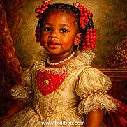 Ky'Ella joined the competition — help win amazing prizes! child, portrait, dress, beads, pearl_necklace, braids, red, smile, face, lace, vintage, background, costume, young, person, elegant, cute, girl, jewelry, studio