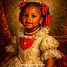 child, portrait, dress, beads, pearl_necklace, braids, red, smile, face, lace, vintage, background, costume, young, person, elegant, cute, girl, jewelry, studio