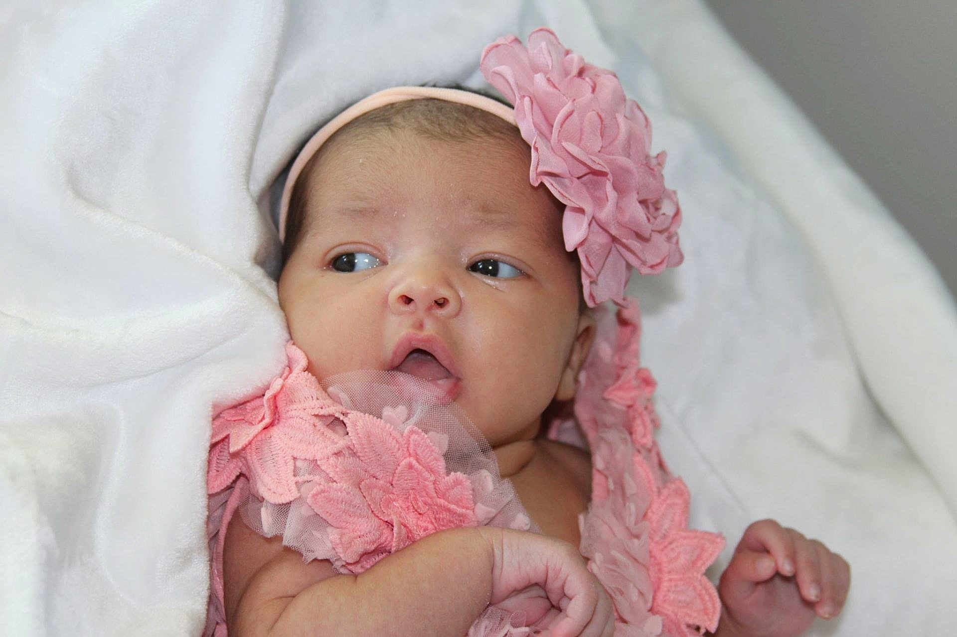 Amya is registered to the contest to win money with this photo: baby, infant, pink, flower_headband, blanket, lace, close_up, portrait, cute, newborn, child, soft, wrapped, hand, face, expression, indoors, skin, young, headwear