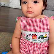 Valeria joined the competition — help win amazing prizes! toddler, child, indoor, dress, red_checkered, sitting, toy, sippy_cup, farm_animals, curly_hair, cute, person, young_child, floor, expression, holding, casual, home, portrait, innocent
