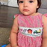 toddler, child, indoor, dress, red_checkered, sitting, toy, sippy_cup, farm_animals, curly_hair, cute, person, young_child, floor, expression, holding, casual, home, portrait, innocent