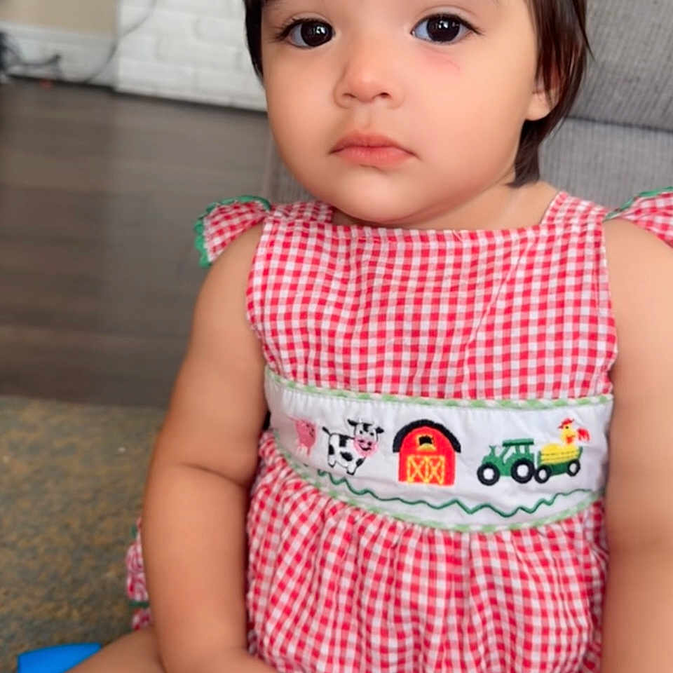 Valeria joined the competition — help win amazing prizes! toddler, child, indoor, dress, red_checkered, sitting, toy, sippy_cup, farm_animals, curly_hair, cute, person, young_child, floor, expression, holding, casual, home, portrait, innocent