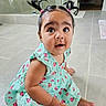 Aira joined the competition — help win amazing prizes! baby, child, pigtails, dress, ladybug_pattern, floor, tile_floor, indoors, curious_expression, sitting, cute, person, infant, hair_ties, pink, turquoise, large_eyes, hand, foot, portrait