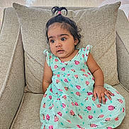 Aira is registered to the contest to win money with this photo: toddler, child, girl, cute, sitting, couch, dress, ladybug_pattern, hair_tie, pony_tail, indoor, comfortable, socks, striped_socks, beige, furniture, casual, portrait, expression, young