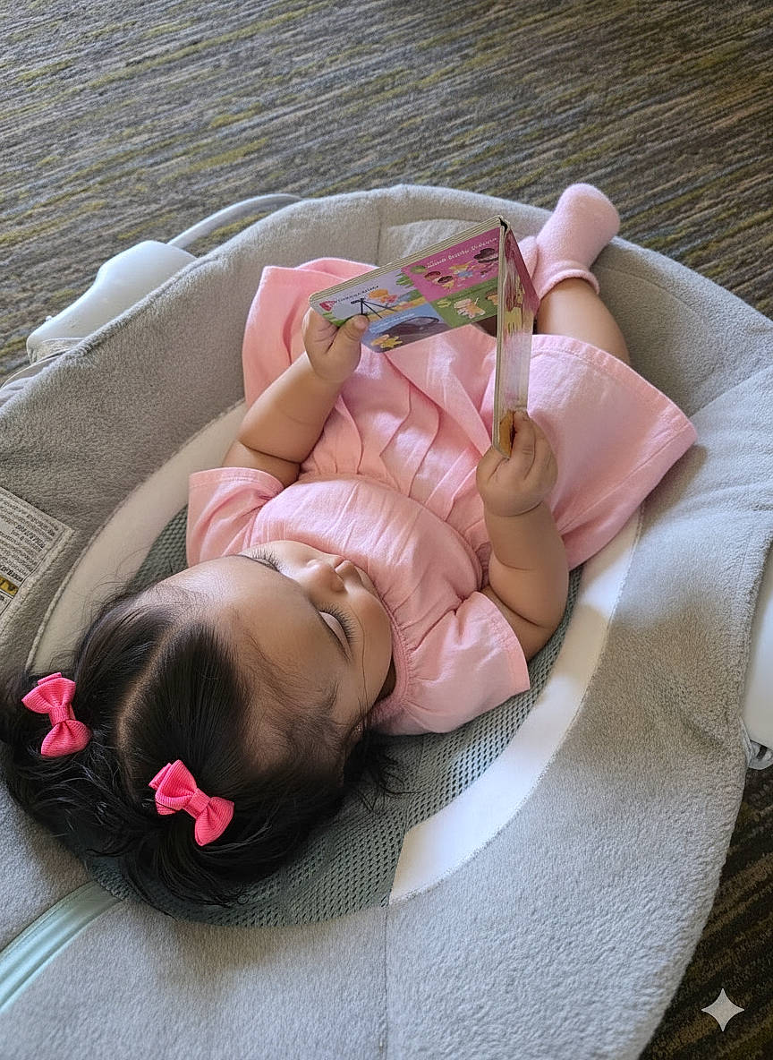 Elaine is registered to the contest to win money with this photo: baby, baby_seat, book, carpet, child, cozy, cute, feet, girl, hair_bows, hands, indoor, infant, pink_dress, portrait, reading, relaxing, sleepy, soft_fabric, toy_book