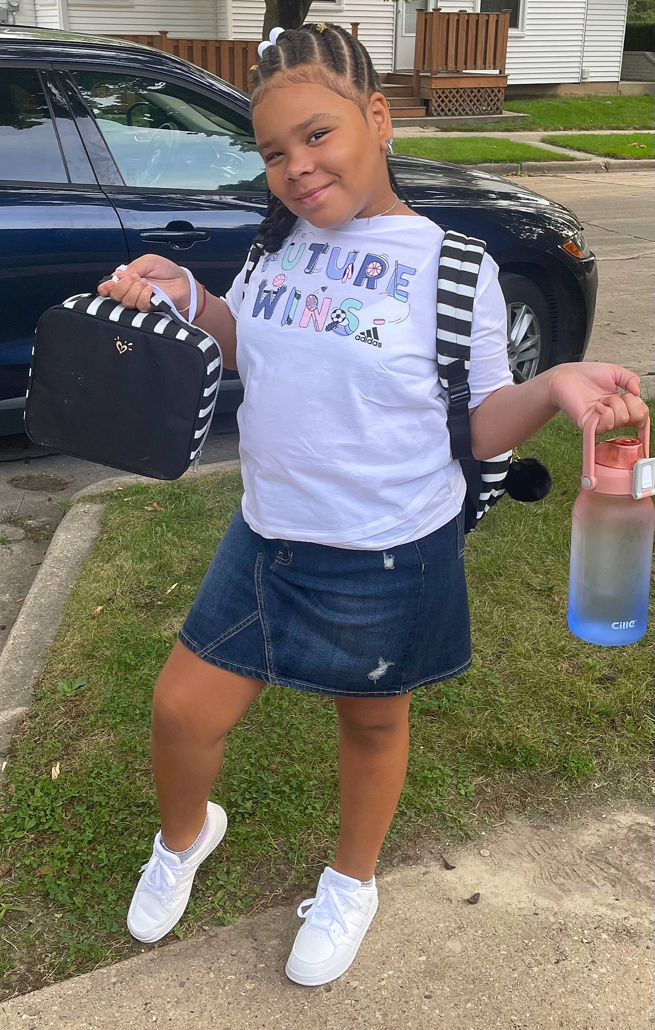 Christiana joined the competition — help win amazing prizes! car, drink, electric_blue, grass, hairstyle, human_leg, joy, knee, motor_vehicle, person, plastic_bottle, recreation, shorts, sleeve, sportswear, street_fashion, t_shirt, thigh, vehicle, vehicle_door