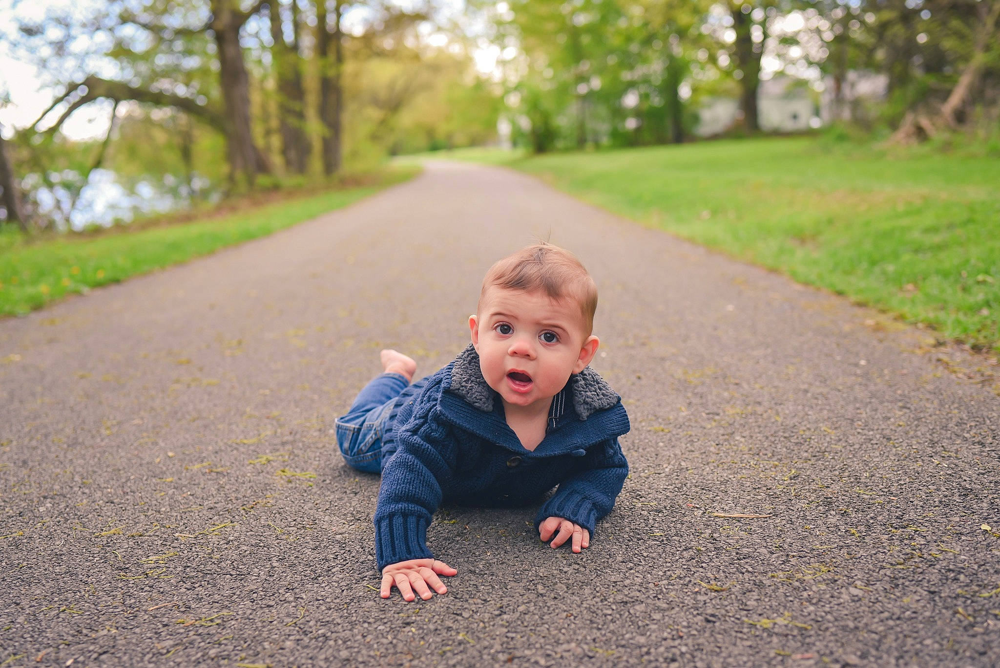 Colton is registered to the contest to win money with this photo: asphalt, baby, child, crawling, flooring, forest, grass, green, happy, landscape, leaf, leisure, people_in_nature, person, plant, recreation, road, road_surface, surprise, toddler
