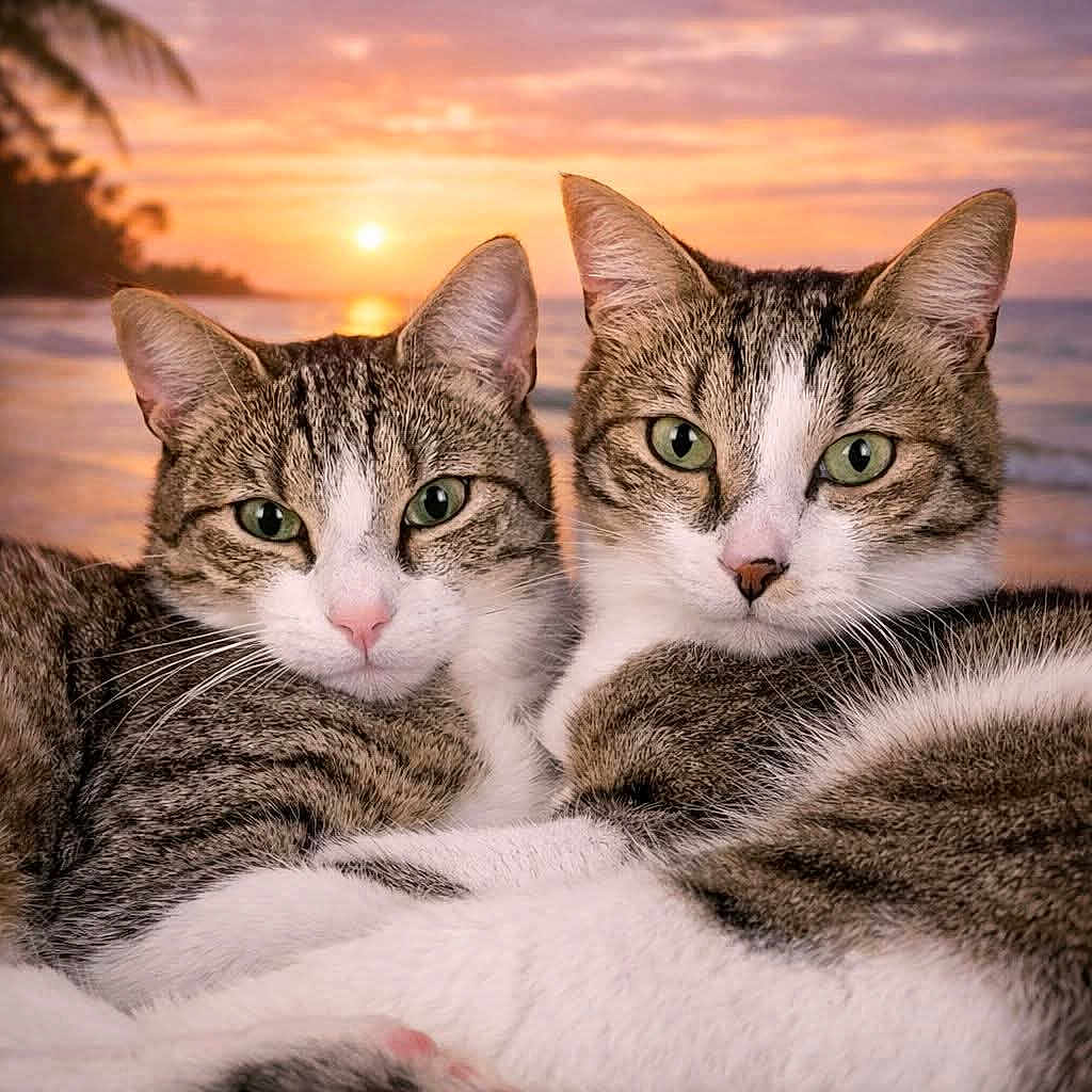 Prince Et Pinceau participe au concours pour gagner de l'argent avec cette photo : animal, beach, cat, closeup, companionship, cute, feline, fur, green_eyes, nature, ocean, outdoor, pets, portrait, relaxing, scenic, sunset, tabby_cat, twilight, wildlife