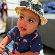 Noah joined the competition — help win amazing prizes! toddler, child, hat, sunglasses, blue_shirt, american_flag, indoor, face, cute, baby, expression, tongue_out, blurred_background, sitting, person, fashion, playful, portrait, young_child, casual_clothing