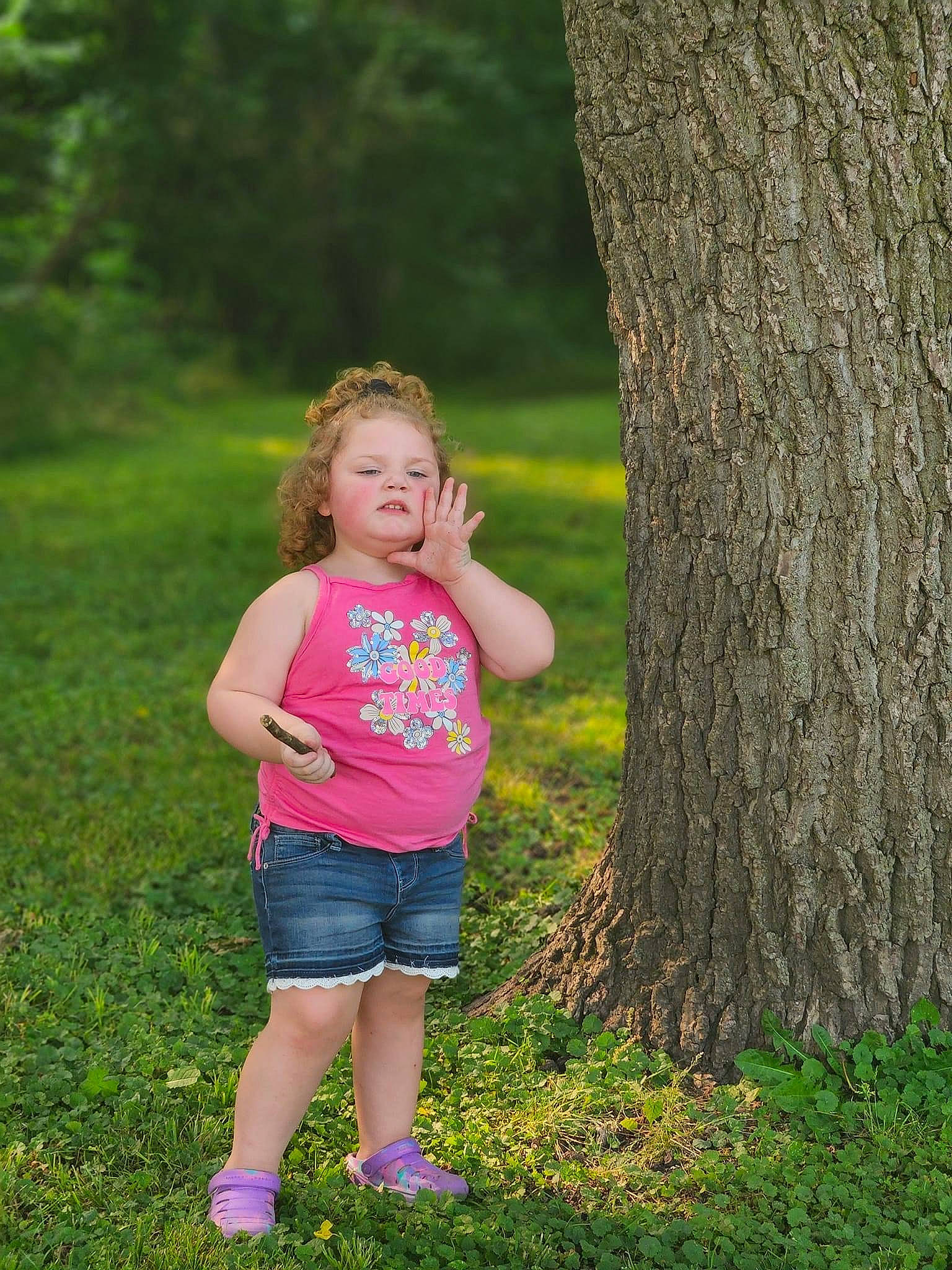 Azriella is registered to the contest to win money with this photo: blond, botany, electric_blue, flash_photography, forest, fun, grass, grassland, happy, leaf, leisure, people_in_nature, person, plant, recreation, shorts, t_shirt, toddler, tree, trunk