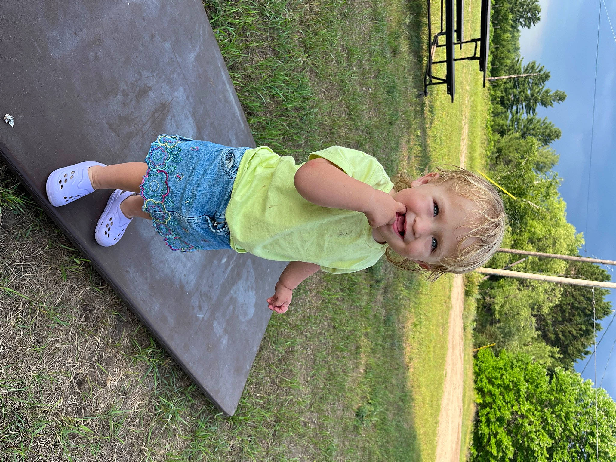 Millie joined the competition — help win amazing prizes! baby, baby_toddler_clothing, child, cloud, electric_blue, fun, grass, happy, human_leg, joy, leisure, outdoor_play_equipment, people_in_nature, person, plant, public_space, recreation, sky, smile, swing