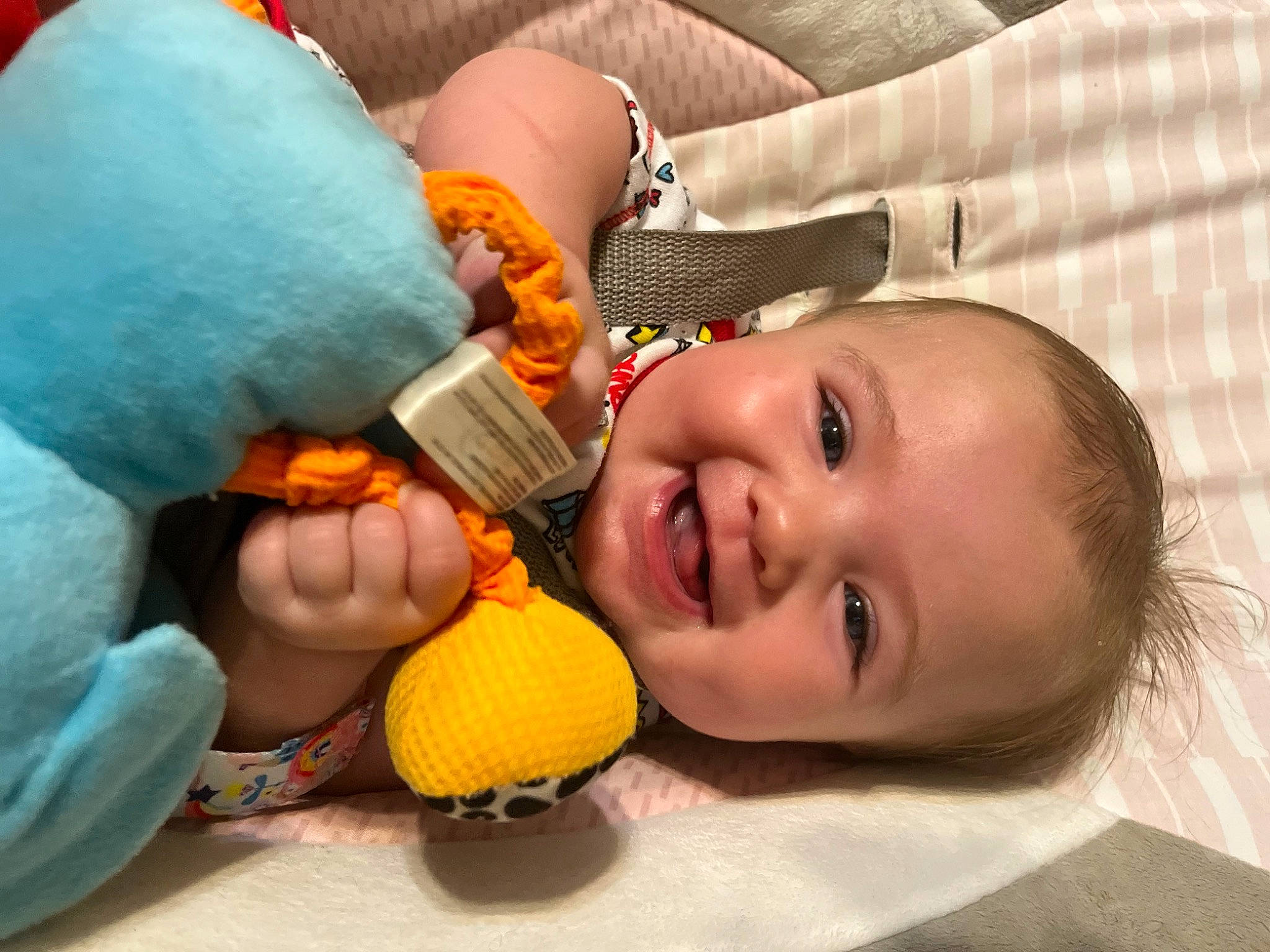 Amelia is registered to the contest to win money with this photo: arm, baby, baby_products, child, comfort, eyelash, finger, fun, gesture, happy, headgear, joy, mouth, nail, nose, person, skin, smile, stuffed_toy, thumb