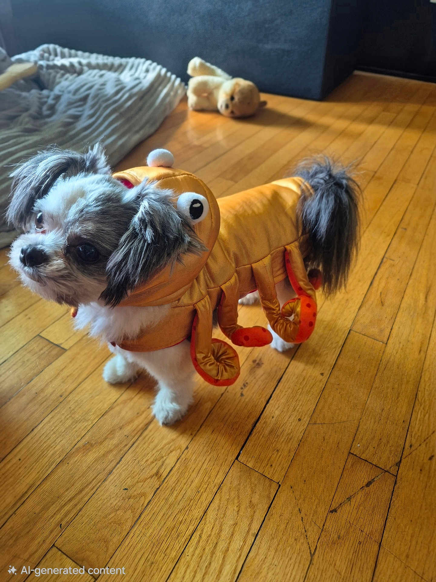 Princeton is registered to the contest to win money with this photo: dog, costume, octopus, pet, indoor, wooden_floor, plush_toy, blanket, curious, small_dog, fluffy, cute, animal, playful, fur, tail, ears, floor, light, shadow