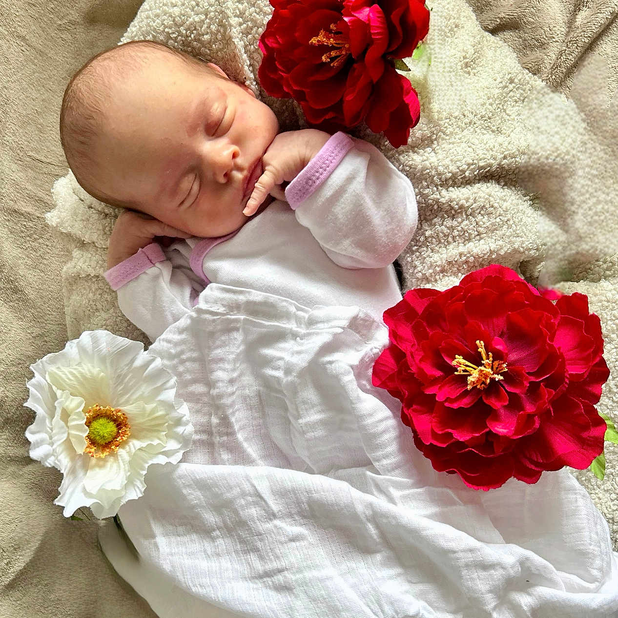 Théa a rejoint le concours — aidez-le/la à gagner de superbes lots ! baby, blanket, close_up, cozy, cute, flower, indoors, infant, lying_down, newborn, peaceful, portrait, purple_trim, red_flower, resting, sleeping, soft_texture, toddler, white_clothing, white_flower
