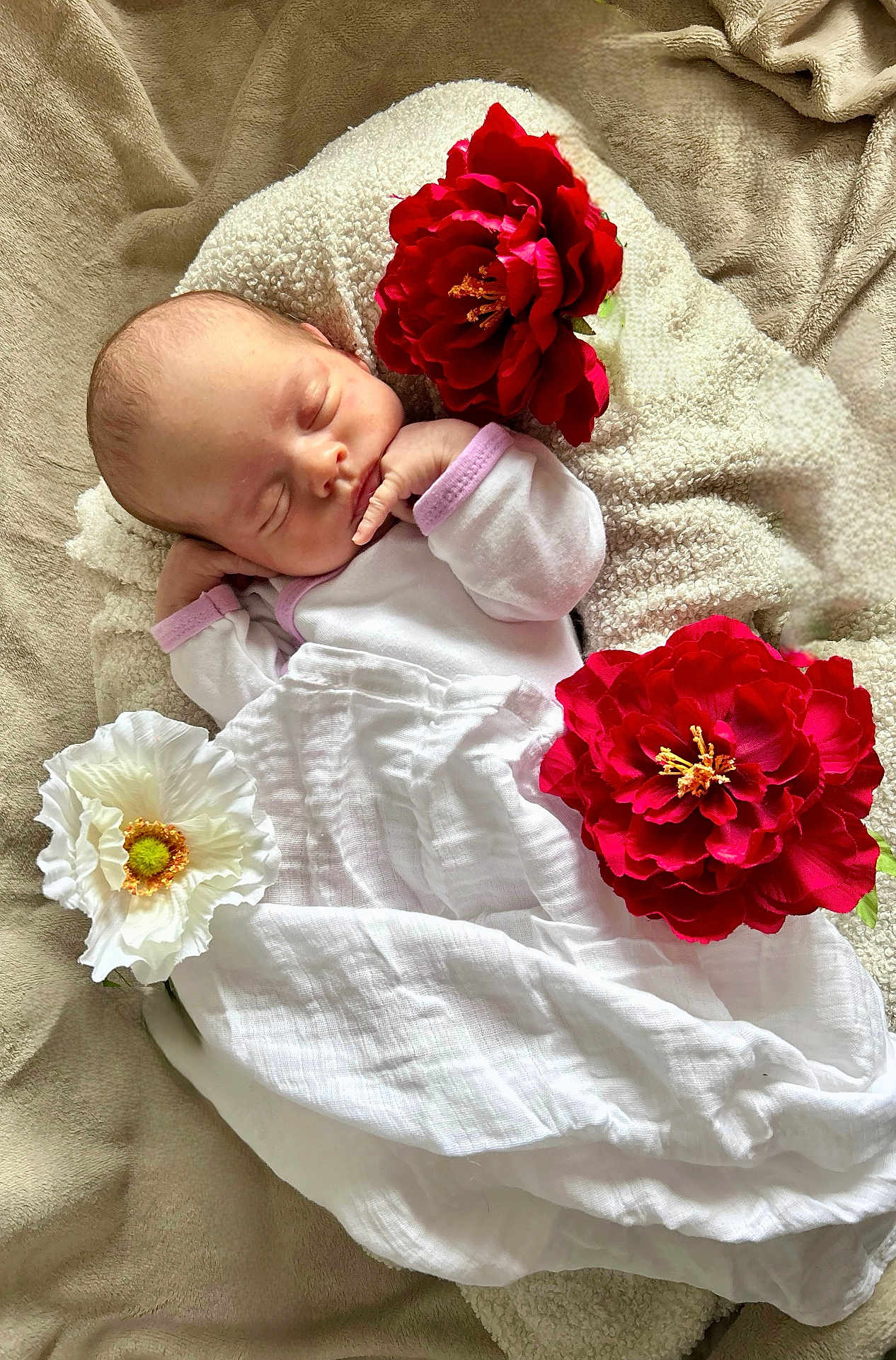 Théa a rejoint le concours — aidez-le/la à gagner de superbes lots ! baby, newborn, sleeping, blanket, flower, red_flower, white_flower, soft_texture, infant, peaceful, white_clothing, purple_trim, lying_down, close_up, indoors, cute, portrait, resting, cozy, toddler