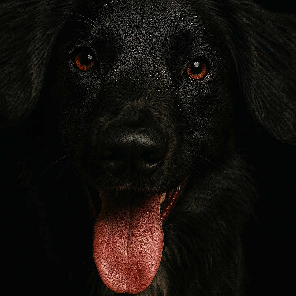Naya participe au concours pour gagner de l'argent avec cette photo : amber_eyes, animal, black_dog, canine, close_up, cute, dark_background, dog, droplets, ears, face, fur, muzzle, pet, playful, portrait, tongue, tongue_out, wet, wet_fur