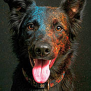 Naya participe au concours pour gagner de l'argent avec cette photo : dog, black_dog, tongue_out, paint_splatter, colorful, happy, pet, animal, portrait, close_up, ears_up, collar, studio_lighting, fur, expression, canine, bright_colors, smiling, face, dark_background
