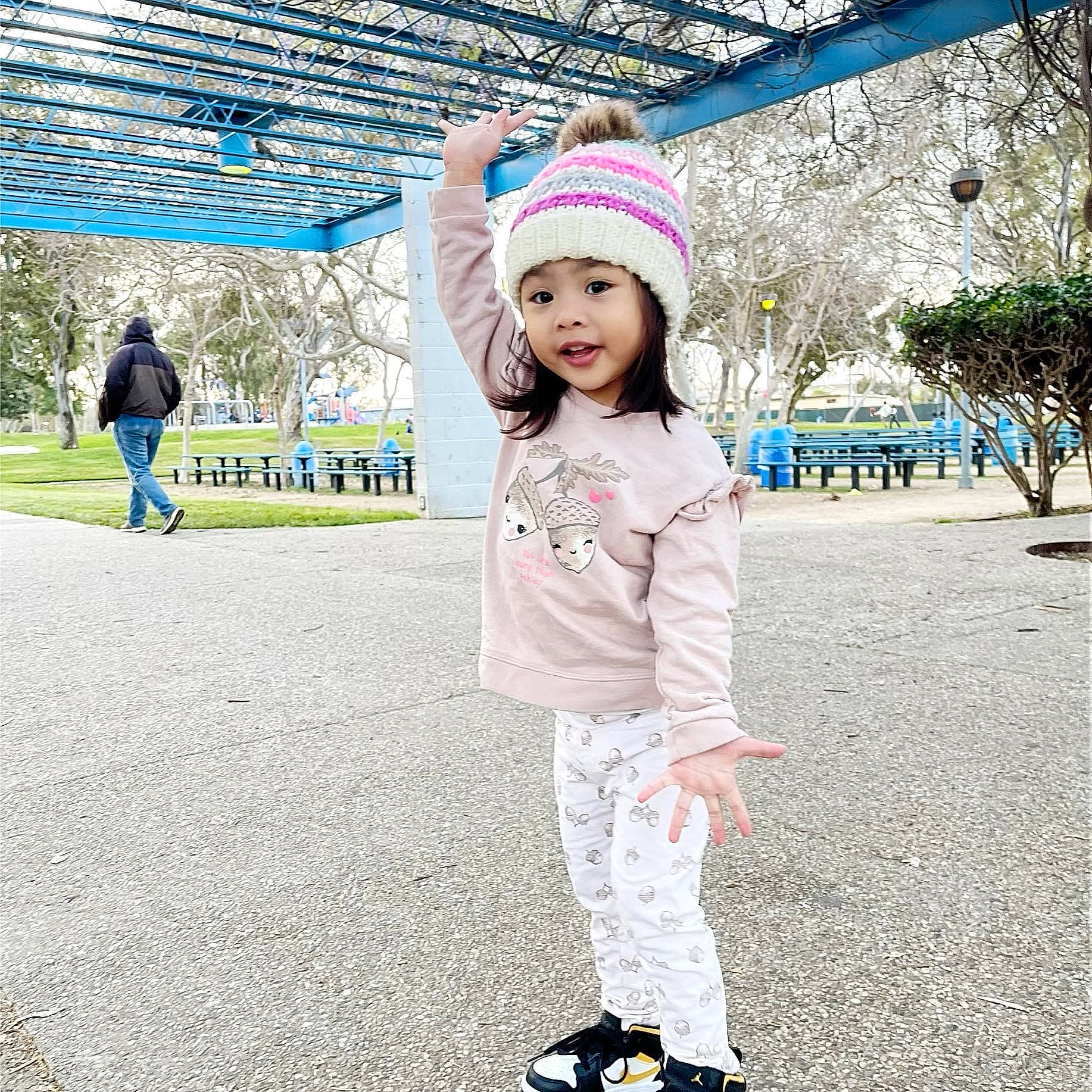 Charlotte Athena joined the competition — help win amazing prizes! cap, child, electric_blue, fashion_accessory, fun, happy, headwear, knit_cap, leisure, magenta, pattern, person, pink, recreation, sleeve, smile, spring, street_fashion, toddler, travel
