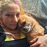 Beau joined the competition — help win amazing prizes! bed, blanket, casual, comfort, cute, dog, face, glasses, hair, hand, hugging, indoor, light, portrait, rest, skin, sleeping, smile, striped, woman