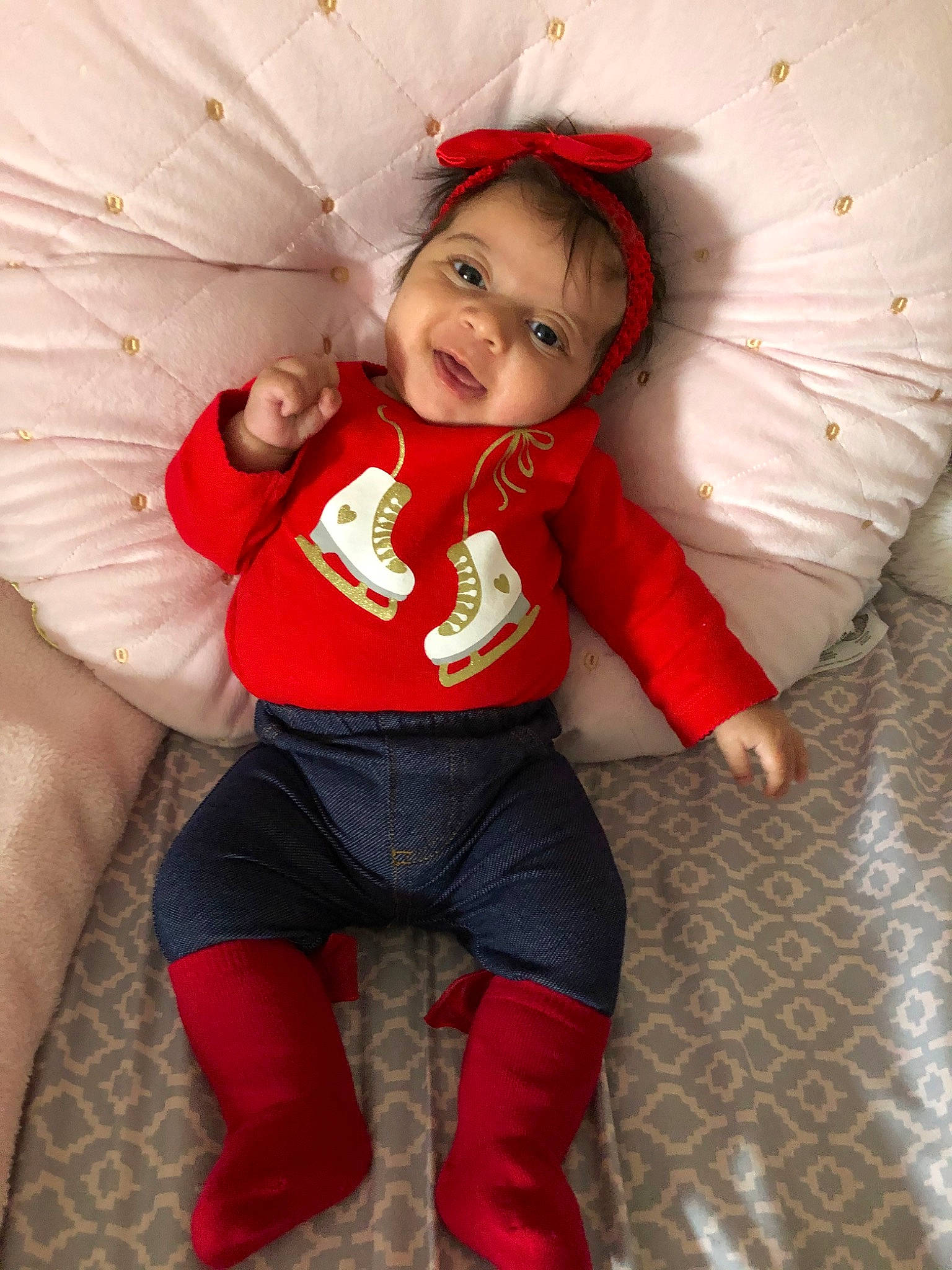 Avery is registered to the contest to win money with this photo: baby, child, costume, leg, person, pink, red, skin, smile, toddler