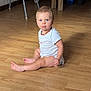 toddler, child, baby, blue_eyes, sitting, wooden_floor, onesie, necklace, toy, indoor, furniture, table, chair, floor, person, portrait, expression, pout, home, cute