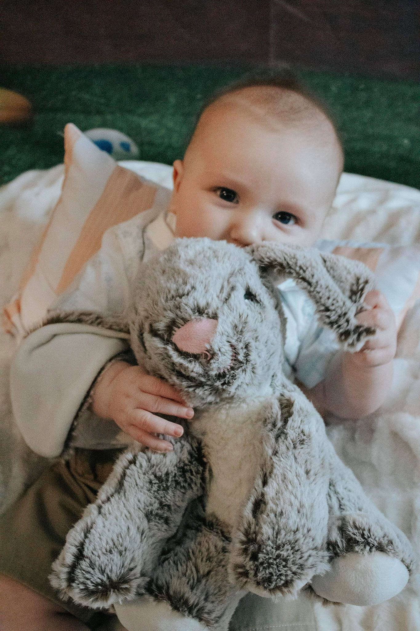 Owen joined the competition — help win amazing prizes! baby, baby_toddler_clothing, blond, comfort, companion_dog, doll, eye, fawn, fur, happy, linens, mammal, nail, pattern, person, skin, stuffed_toy, teddy_bear, textile, toddler