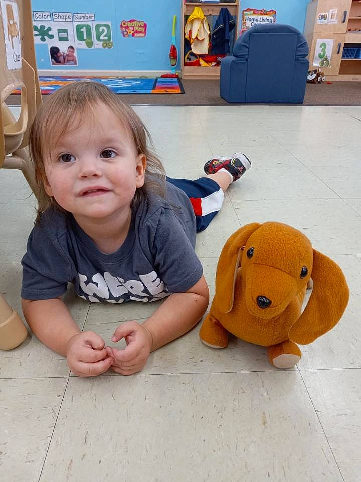 Shepherd is registered to the contest to win money with this photo: baby, baby_toddler_clothing, child, facial_expression, floor, flooring, fun, happy, hardwood, orange, people, person, play, room, shelf, sitting, stuffed_toy, thumb, toddler, toy