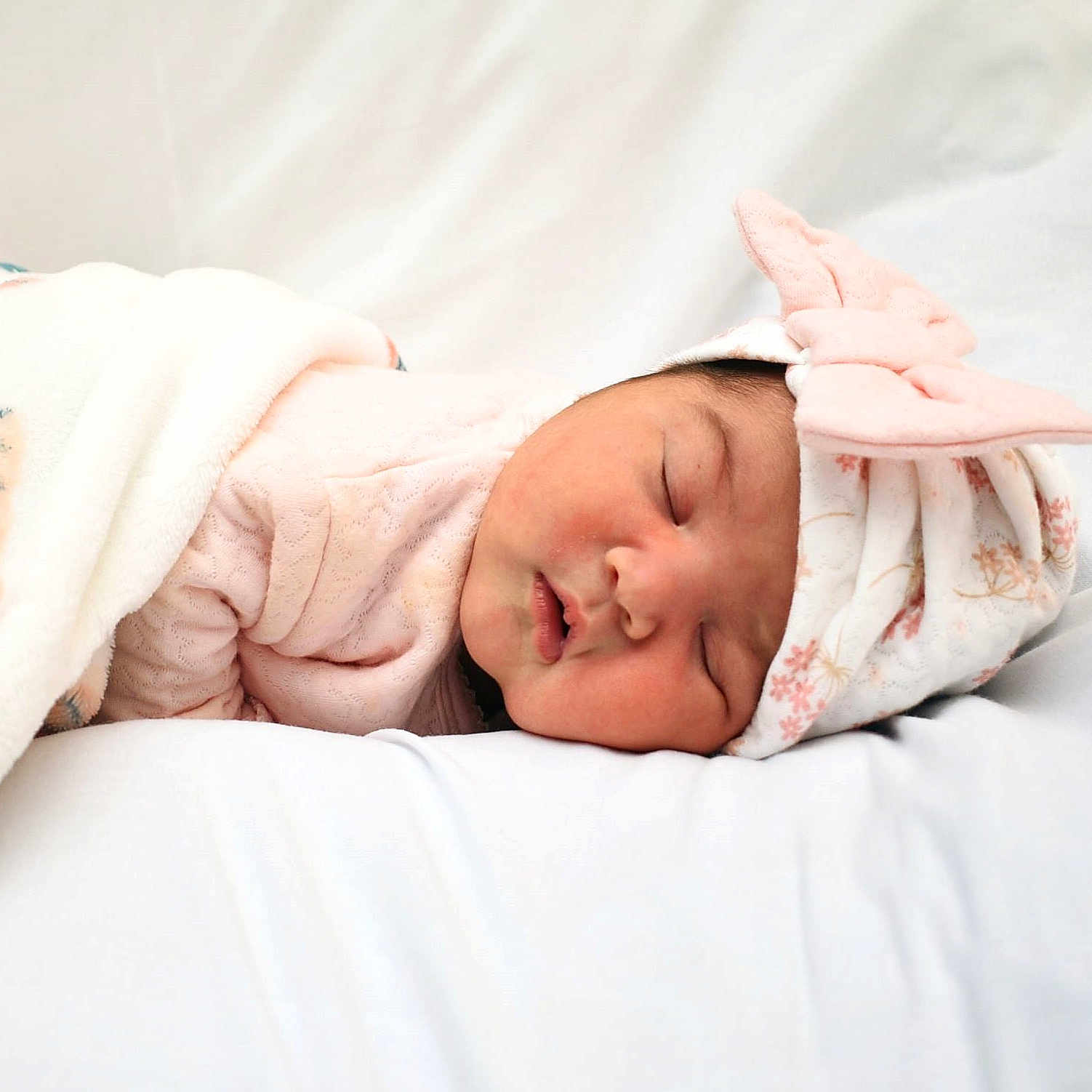 Katalea joined the competition — help win amazing prizes! newborn, baby, sleeping, blanket, hat, bow, infant, soft, cute, peaceful, resting, portrait, closeup, bed, white, face, child, cozy, wrapped, sleep