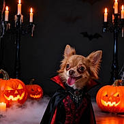 Easy participe au concours pour gagner de l'argent avec cette photo : bat, candle, cape, chihuahua, costume, dark_background, decorations, dog, festive, fog, halloween, holiday, indoor, jack_o_lantern, pet, portrait, pumpkin, smiling, spooky, vampire