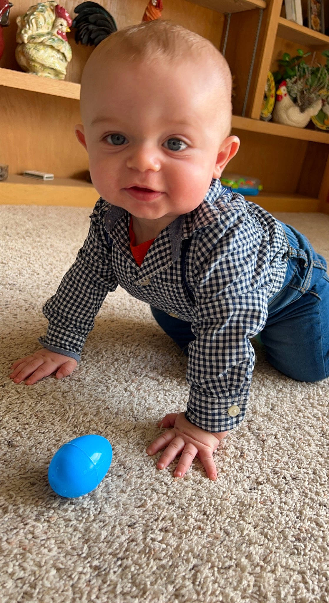 Bryant joined the competition — help win amazing prizes! baby, baby_toddler_clothing, cheek, child, crawling, electric_blue, floor, flooring, fun, grass, houseplant, pattern, people, person, shelf, sitting, sleeve, smile, t_shirt, toddler