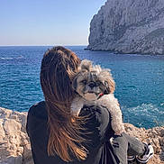 Laya participe au concours pour gagner de l'argent avec cette photo : person, dog, rocky_cliff, ocean, sea, sky, blue_sky, long_hair, casual_clothing, sitting, outdoor, nature, pet, fluffy_dog, scruffy_dog, relaxing, sunlight, footwear, calm, scenery