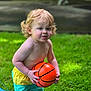 toddler, child, basketball, grass, outdoor, curly_hair, blonde, water, summer, play, bare_chest, shorts, greenery, toy, fun, cute, young_child, nature, sport, active