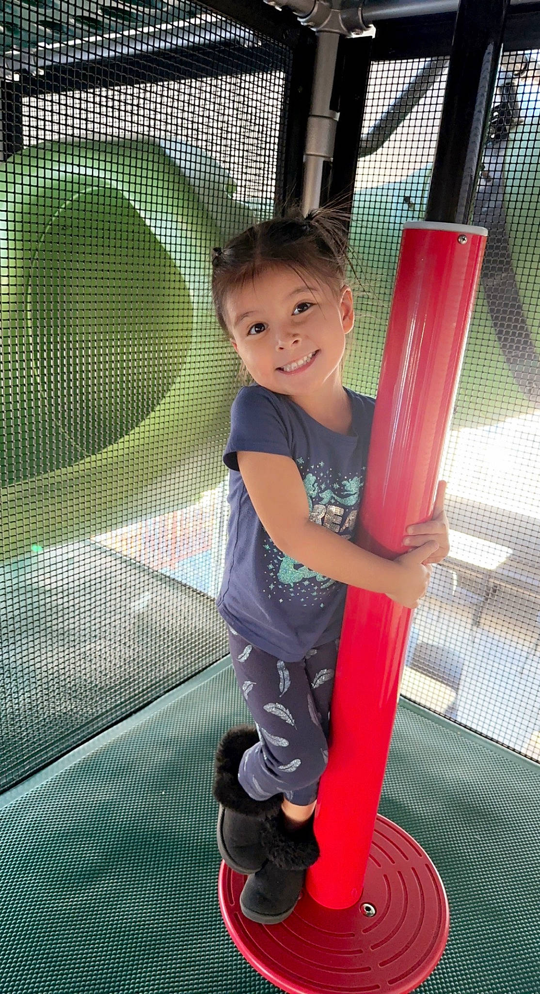 Destiny is registered to the contest to win money with this photo: beauty, child, chute, fun, human_leg, joy, knee, leg, leisure, magenta, mesh, net, person, play, product, recreation, shorts, smile, standing, t_shirt