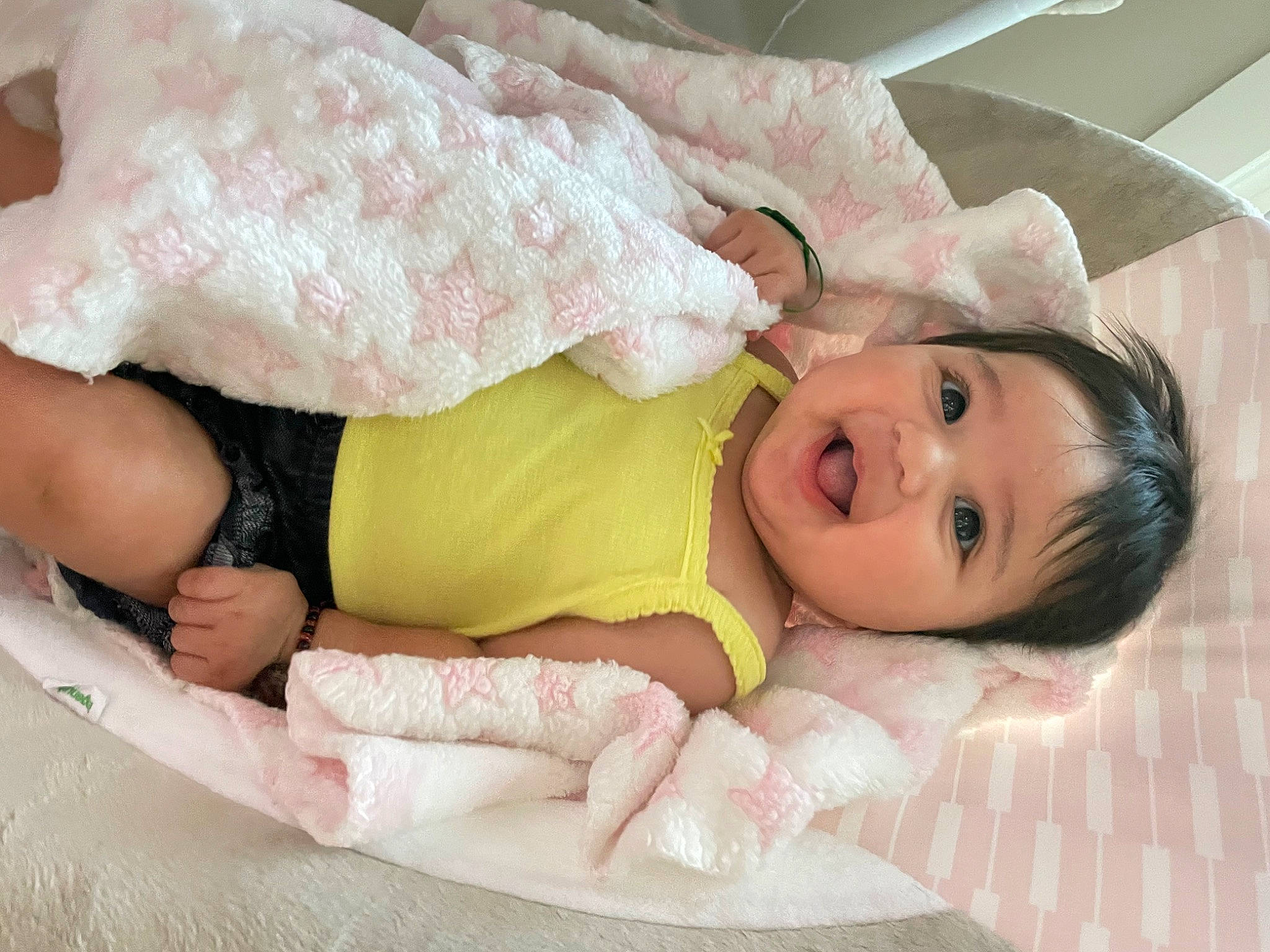 Aaliyah joined the competition — help win amazing prizes! baby, baby_safety, baby_sleeping, baby_toddler_clothing, cheek, comfort, face, facial_expression, finger, happy, headgear, leg, mammal, mouth, person, pink, skin, smile, textile, toddler