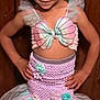 Ava is registered to the contest to win money with this photo: child, girl, mermaid_costume, tiara, smile, pose, dress, pastel_colors, purple, pink, blue, tulle, shells, starfish, earrings, indoor, wooden_door, carpet, happy, portrait